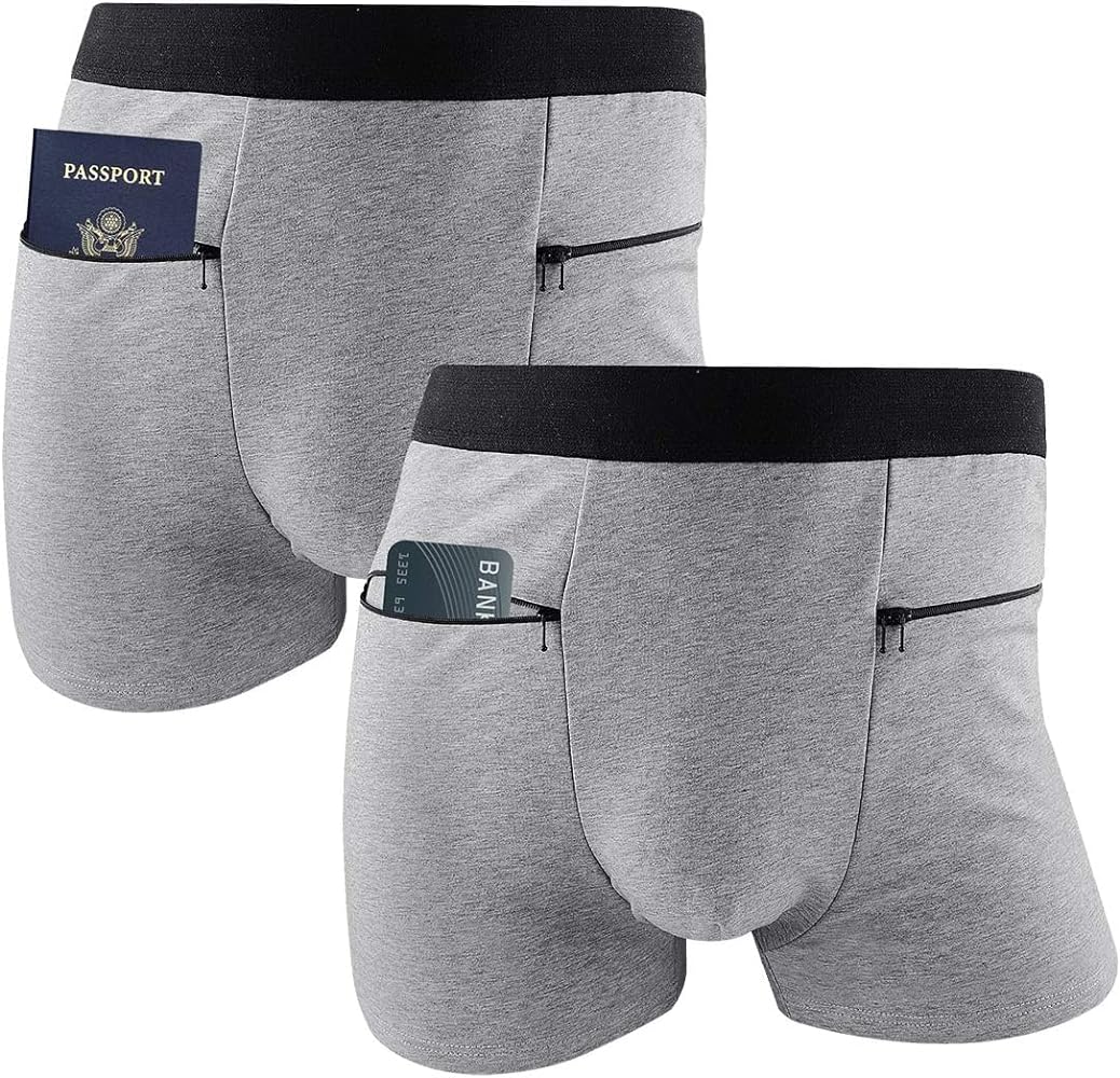 2 Packs Men's Boxer Briefs Secret Hidden Pocket, Travel Underwear with Secret Front Stash Pocket Panties (Gray)