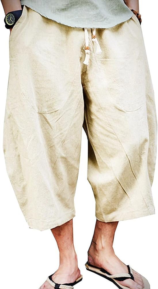 Mens Casual Baggy Cotton Linen Pocket Lounge Harem Pants Beach Long Shorts