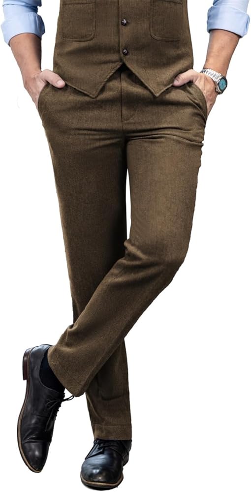 Mens Vintage Tweed Dress Pants Slacks Trousers Regular Fit Suit Pants for Men