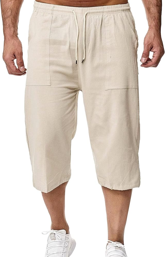 Mens Casual Soft Linen Long Shorts Knee Length Sport Running Lounge Work Shorts Capri Pant