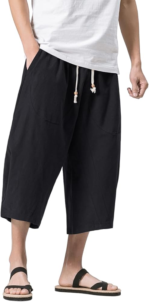 MAGNIVIT Men's Linen Cotton Capri Pants Loose Fit Elastic Waist Wide Leg Baggy Harem Pants