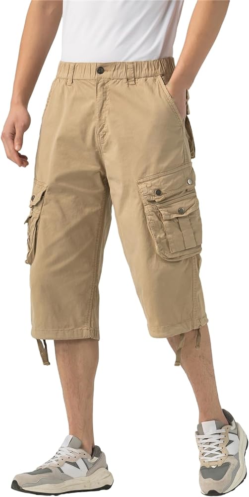 Mens Long Cargo Shorts below Knee 3/4 Stretch Twill Cotton Relaxed Fit Elastic Waist Cargo Shorts for Men