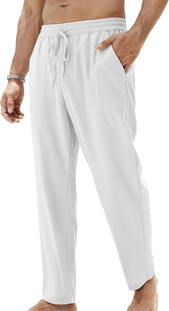 Mens Linen Pants Casual Cotton Drawstring Elastic Waist Loose Fitting Beach Pants