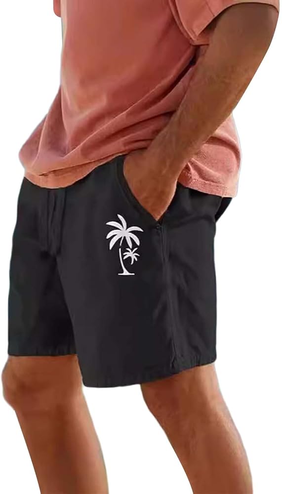 Print Beach Shorts for Men Elastic Waist Drawstring Casual Palm Tree Floral Hawaiian Short Loose Cotton Blend Shorts