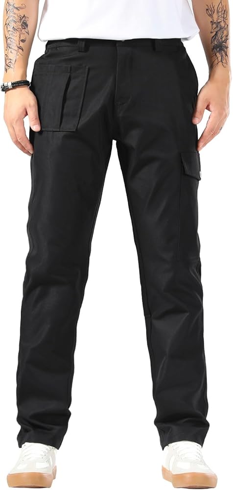 Plaid&Plain Mens Cargo Pants Straight Fit with Extra Front Pocket and Oversized Belt Loops