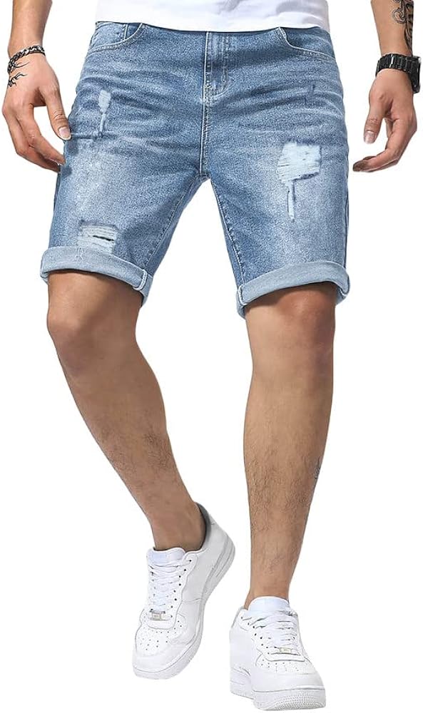 JMIERR Mens Shorts Casual Denim Stretch Slim Fit Washed Distressed Rolled Ripped Jean Shorts for Men