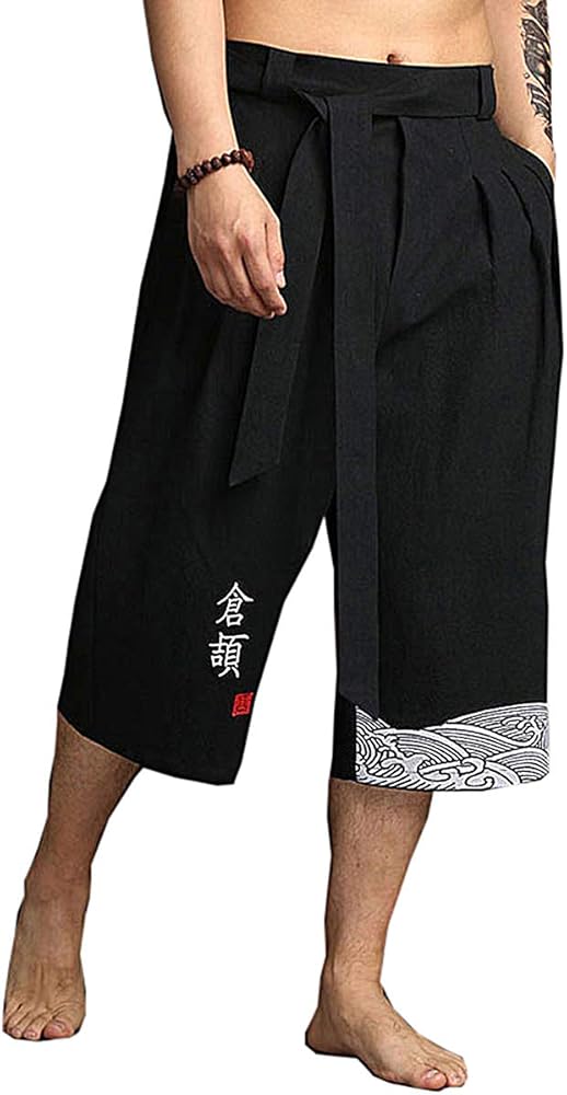 Men's Japanese Kimono Traditonal Beach Pants Linen Capri Summer Harem Pants Wide Leg Cropped Pant