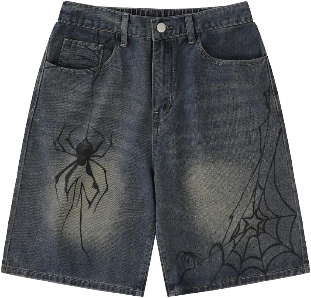 Y2K Jean Jorts Spider Baggy Casual Loose Straight Wide Leg Shorts Adjustable Grunge Harajuku Streetwear