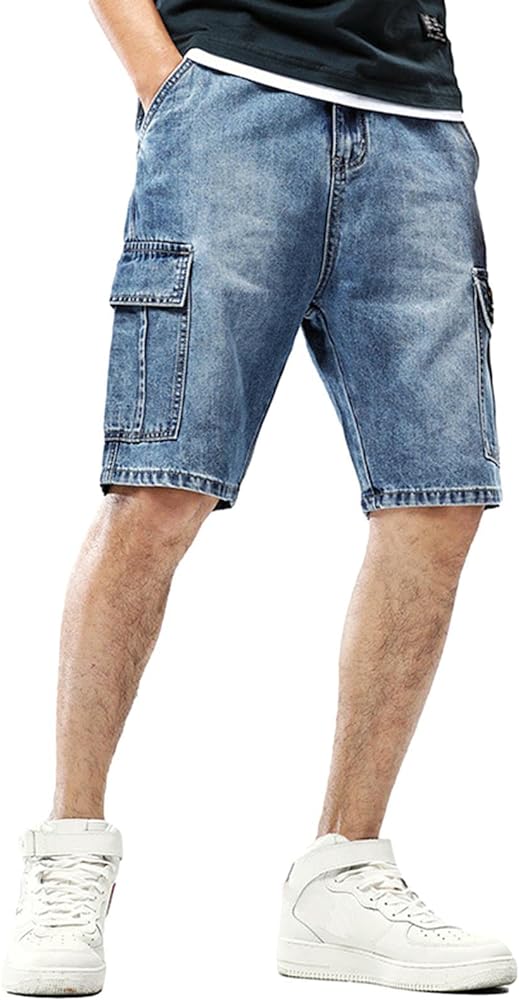 Men`s Street Hip Hop Denim Cargo Shorts Jeans with Multi Pockets