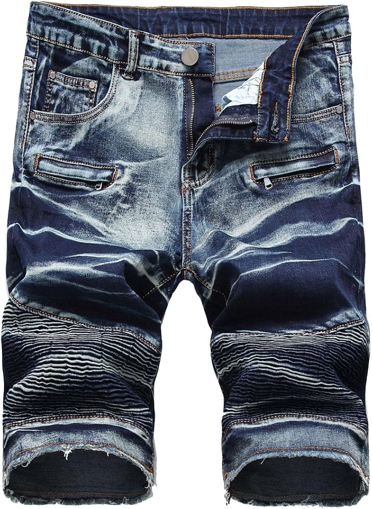 Lavnis Men's Casual Denim Shorts Classic Fit Ripped Jeans Biker Shorts