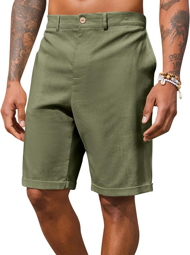 PASLTER Mens Linen Flat Front Shorts Casual Elastic Waist Lightweight Regular Fit Summer Beach Shorts