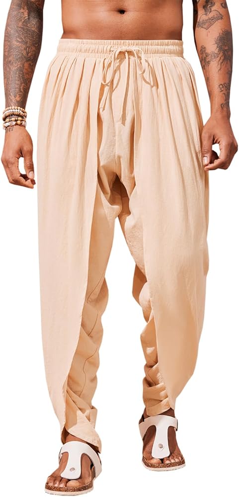 Runcati Mens Linen Harem Pants Casual Elastic Waist Pants Baggy Boho Yoga Hippie Summer Beach Kurta Dhoti Trousers