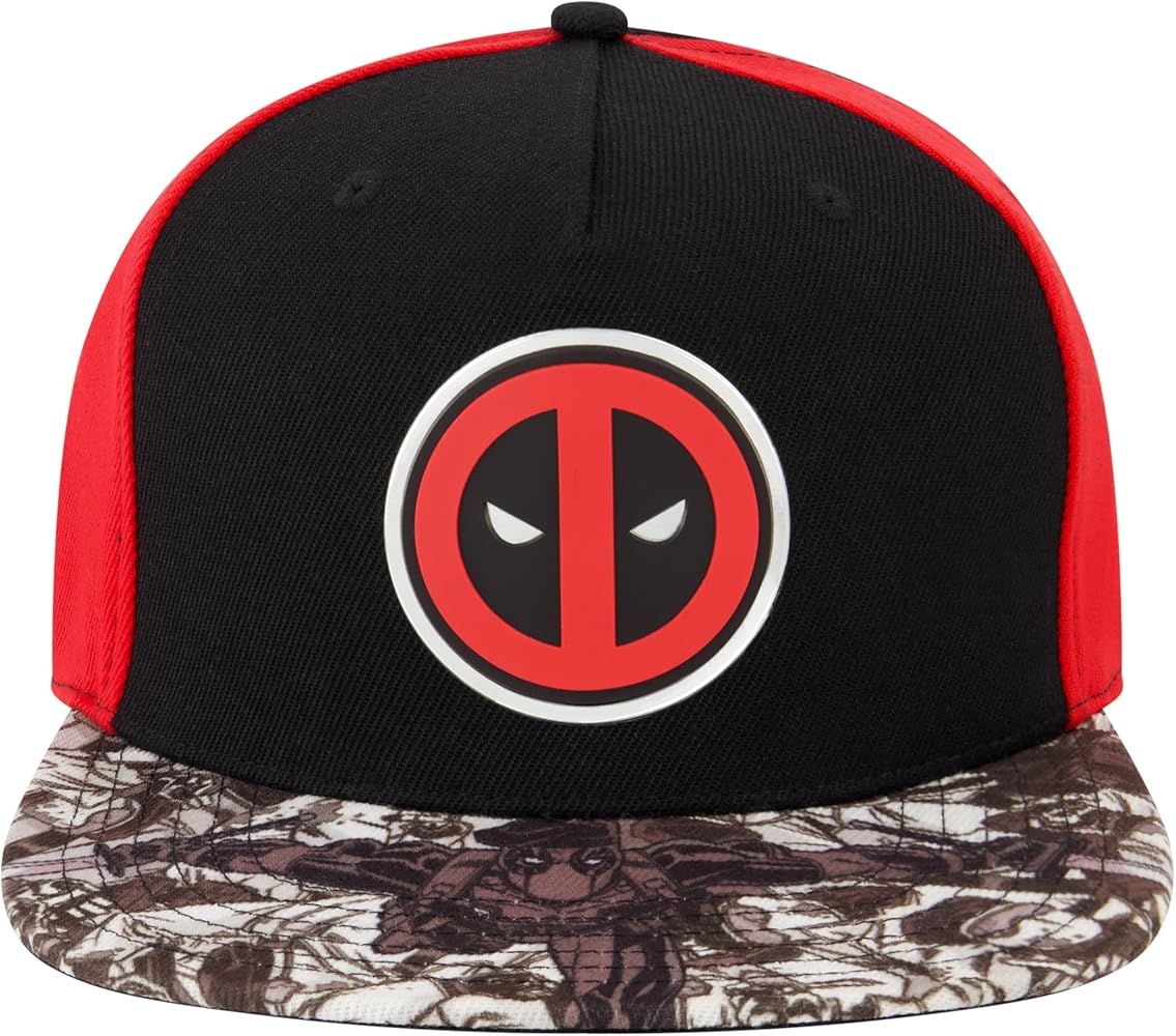 Marvel Deadpool Baseball Hat, Face Logo Adjustable Flat Brim Snapback Hat, Black, One Size