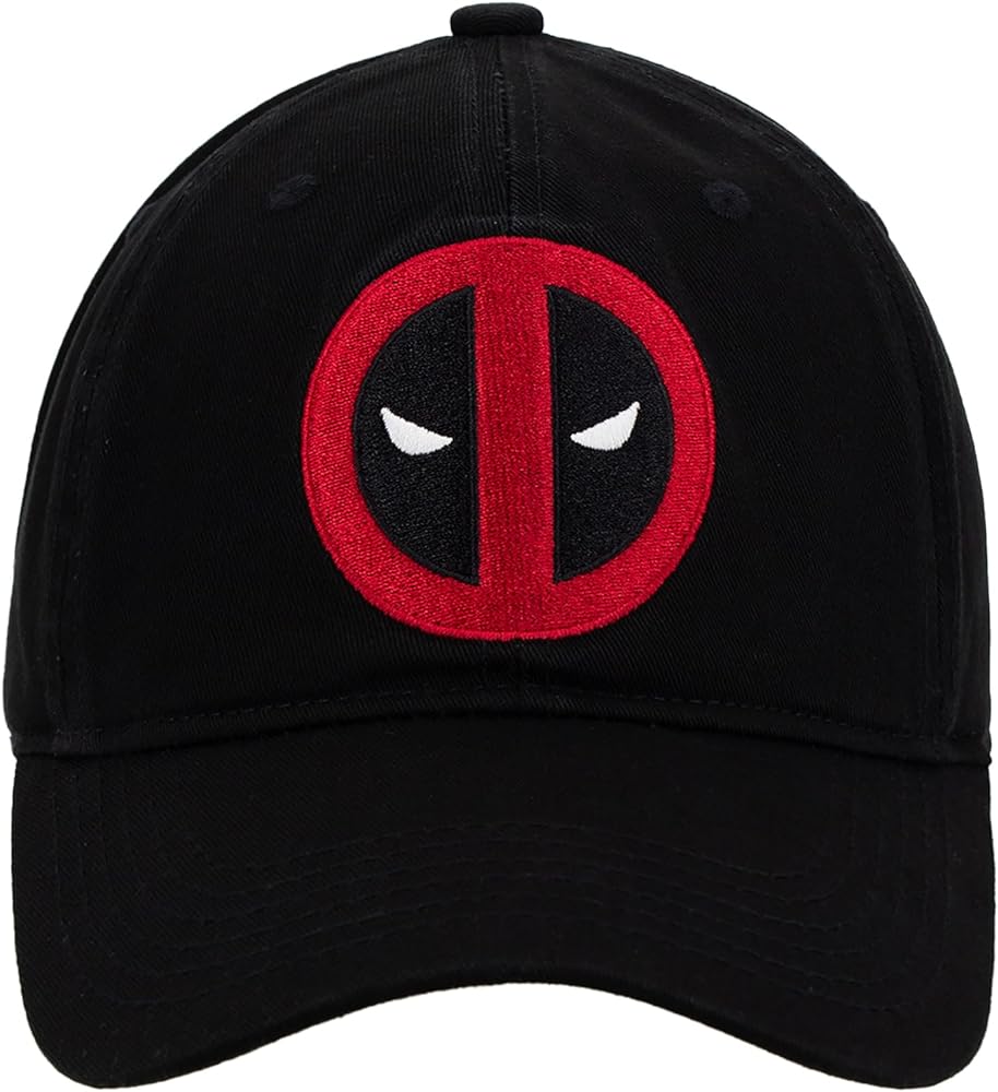 Marvel Deadpool Dad Hat, Stitched Face Logo Cotton Adjustable Baseball Cap with Curved Brim, Black, One Size