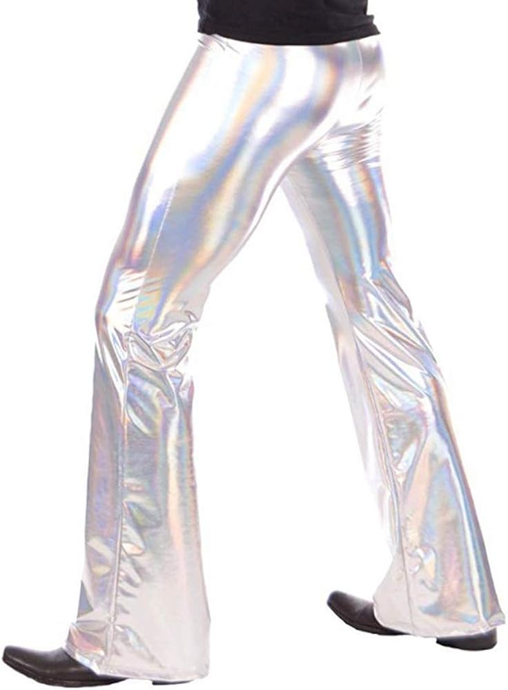 YiZYiF Men's PVC Leather 60s 70s Shiny Metallic Long Pants Bell Bottom Flared Trousers