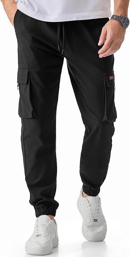 JMIERR Mens Cargo Pants Casual Lightweight Elastic Waist Drawstring Tapered Pant with Pockets