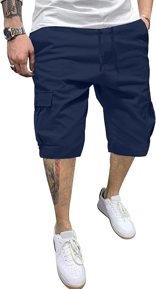 Men's Casual Cargo Jogger Shorts Drawstring Elastic Waist Summer Beach Shorts Athletic Stretch Short with 6 Pockets