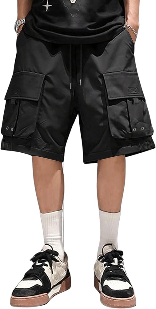 Verdusa Men's Loose Straight Leg Cargo Shorts Buckle Drawstring Waist Baggy Shorts