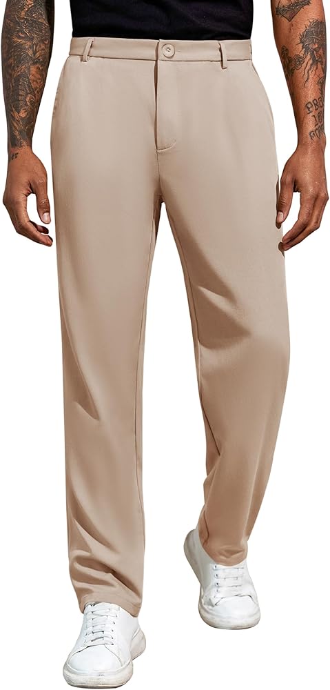 Runcati Mens Golf Pants Casual Cotton Chino Stretch Work Classic Fit Straight Leg Trousers