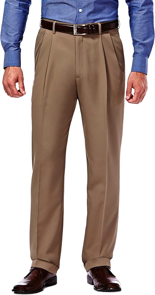 HAGGAR Mens Mynx Gabardine Classic Fit Pleated Front Hidden Expandable Waistband Dress Pant