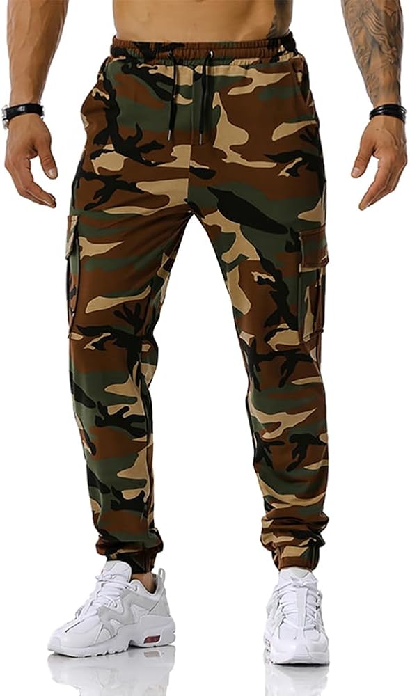 Camo Cargo Pants for Men Casual Drawstring Sweatpants Camouflage Joggers Trouser with Pockets