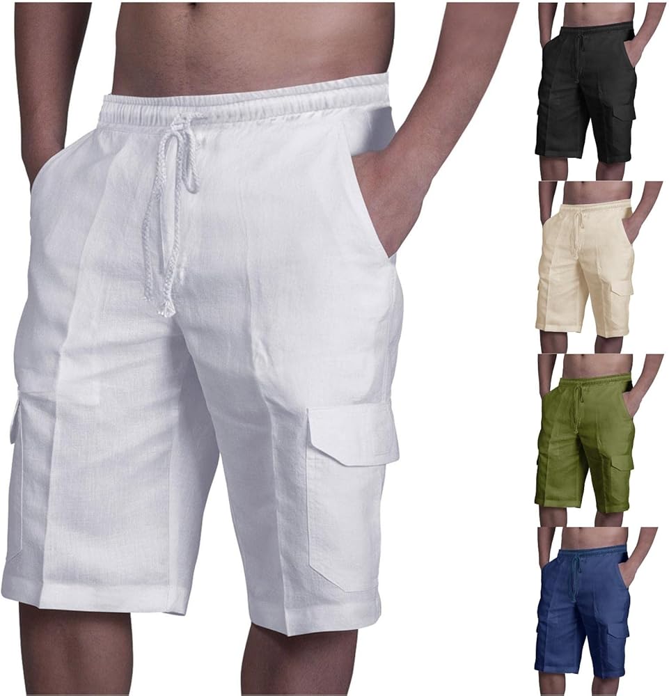 Men's Shorts Casual Elastic Waist Solid Color Cotton Linen Lightweight Shorts with Multi-Pockets, M-3XL