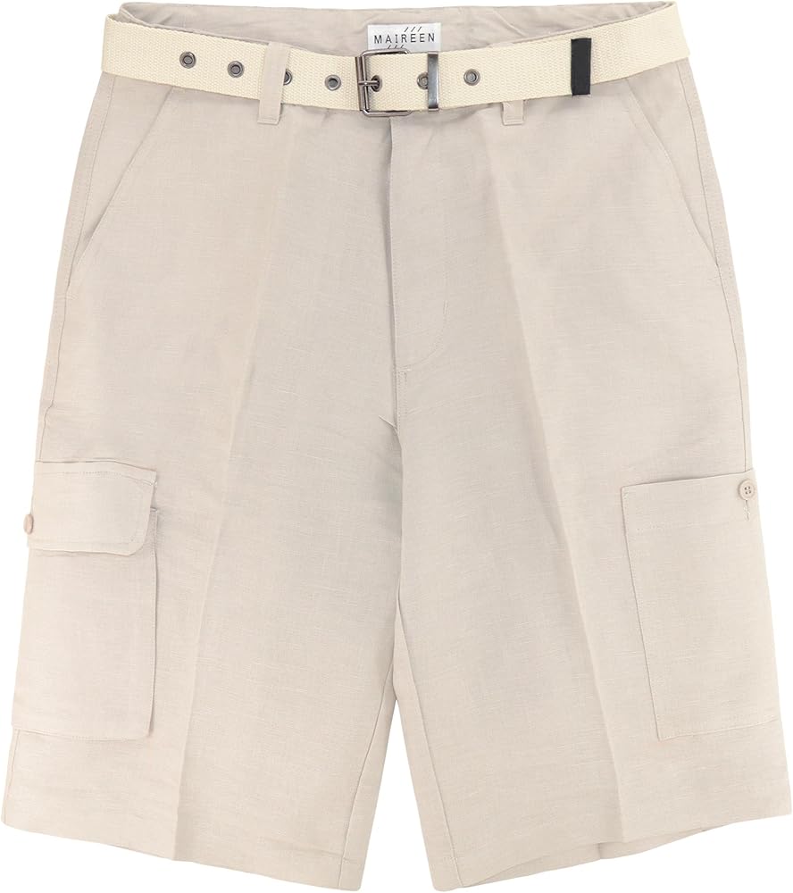 Men’s Linen Cargo Shorts Flat Front Solid KHAKI TAN Color Short & Belt