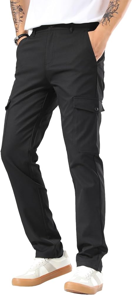 Plaid&Plain Mens Cargo Pants Slim Fit with Contrasting Topstitching and Multi-Pocket