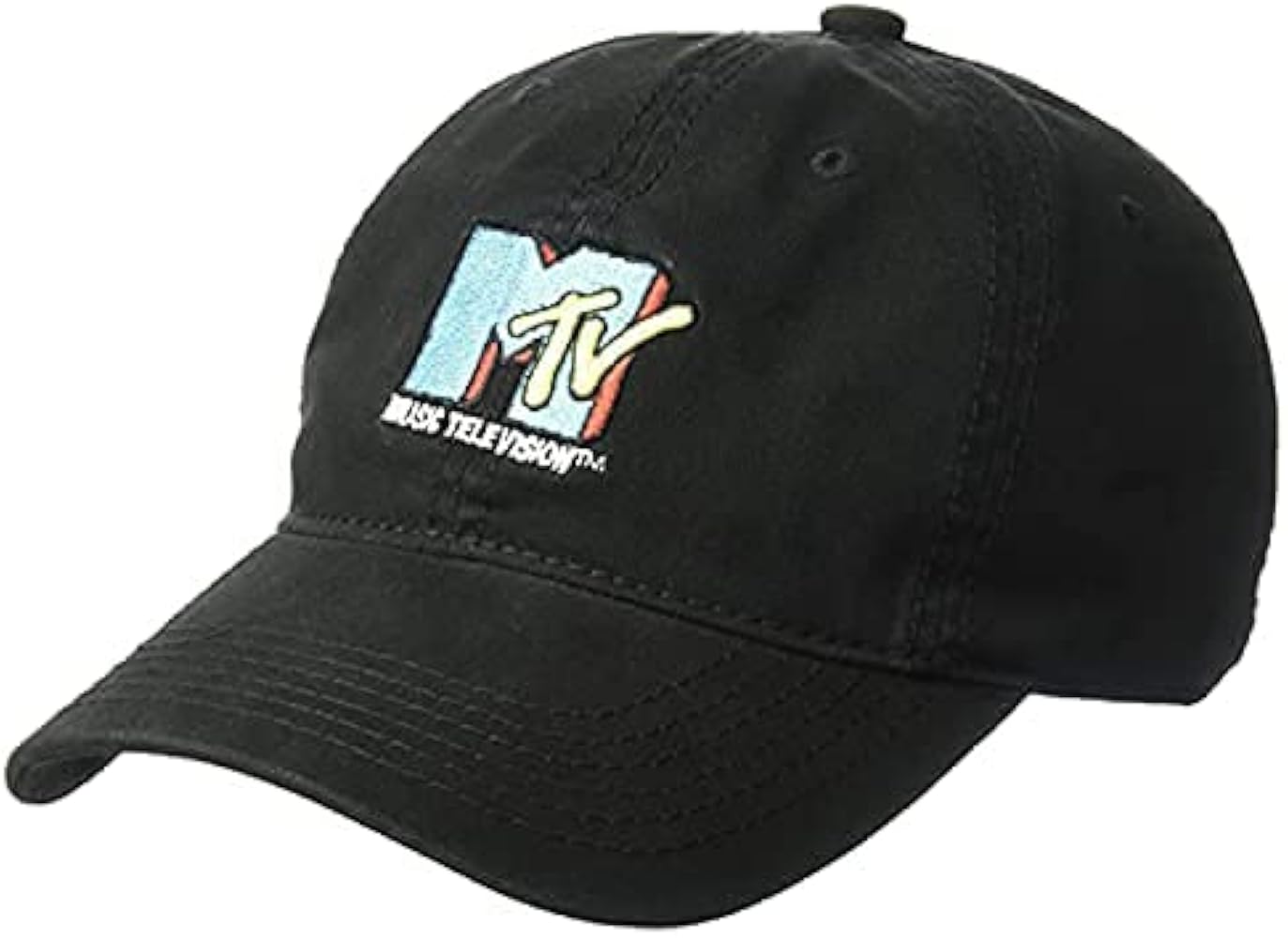 MTV Throwback Style Embroidered Logo Cotton Adjustable Baseball Cap with Curved Brim, Black, One Size