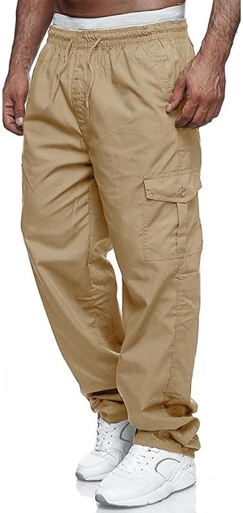 JMIERR Cargo Pants for Men Casual Cotton Relaxed Fit Pants Stretch Elastic Waist Lightweight Work Pants Multi Pockets