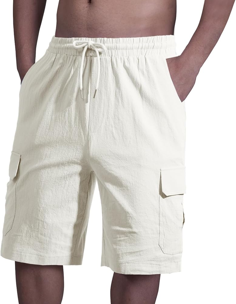 Men's Casual Drawstring Shorts Cotton Elastic Waist Walking Shorts Summer Beach Shorts with Pockets