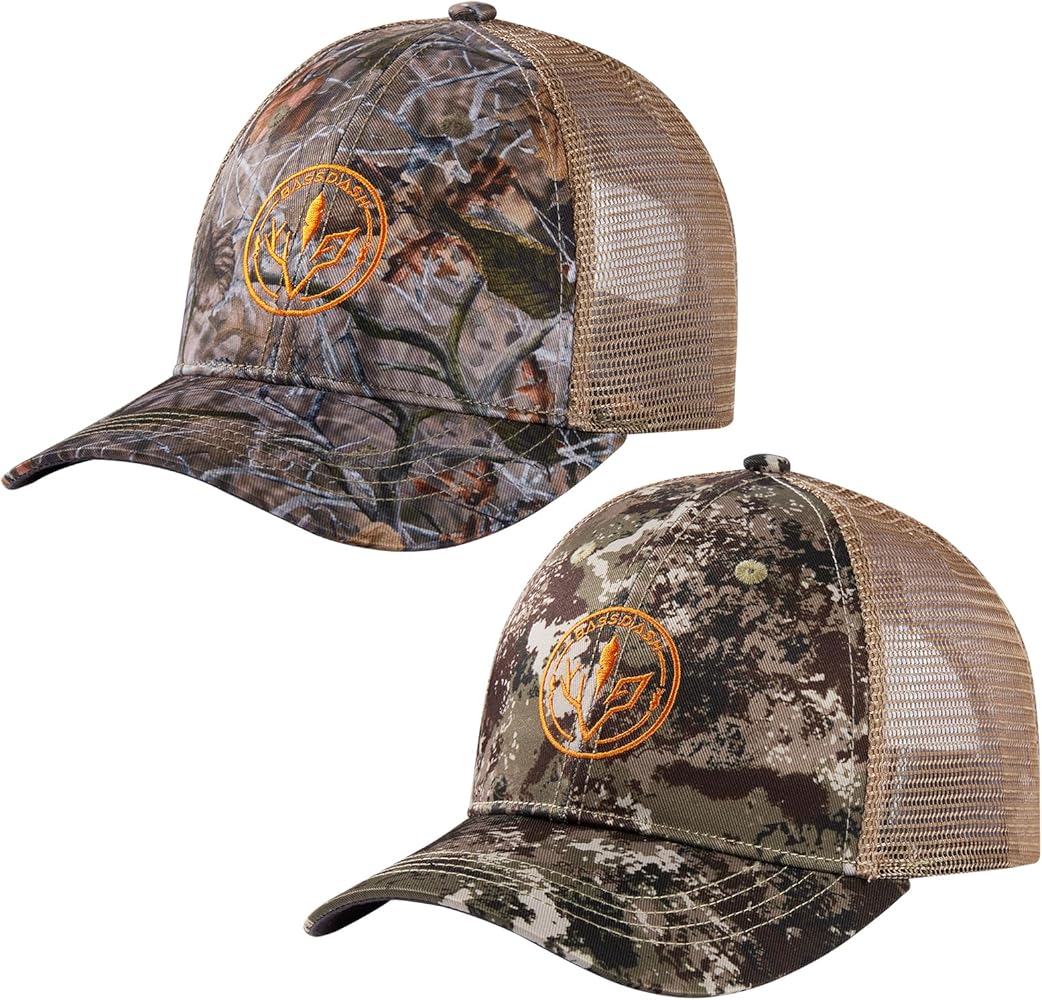 BASSDASH 2 Pack Altimate Fishing Hunting Hat Mesh Back for Men Women Adjustable Baseball Trucker Cap Camo Blaze Orange