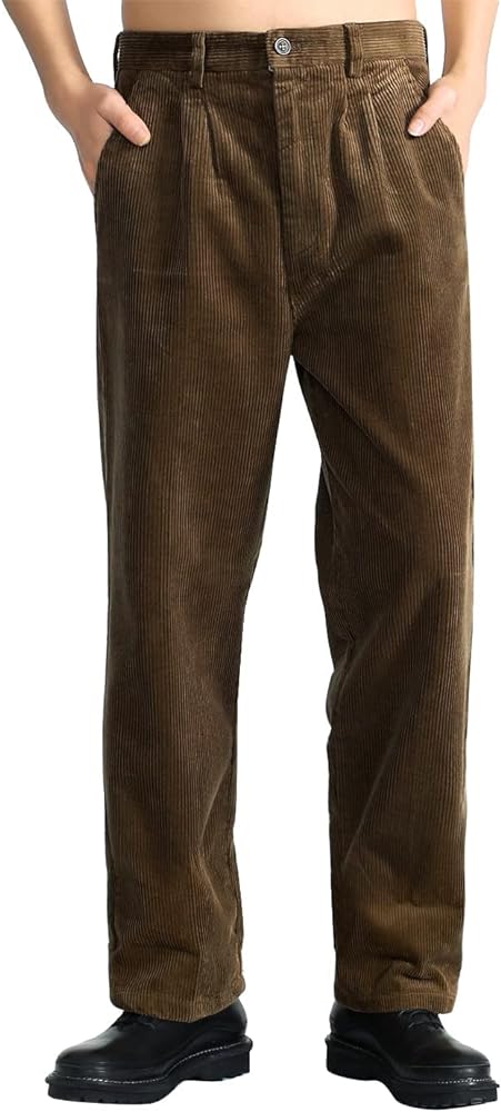 IDEALSANXUN Mens Corduroy Pants Casual Straight Leg Pleated Dress Pants