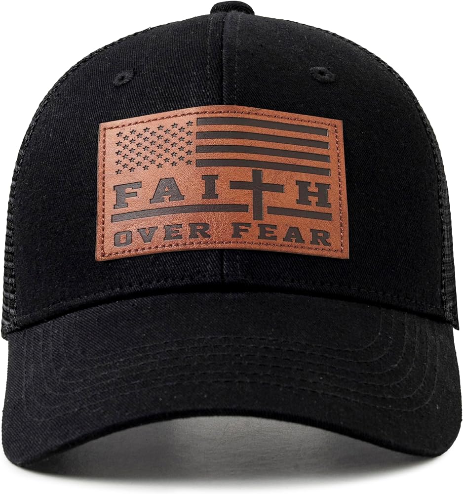 Christian US Flag Hat for Men Women, Faith Over Fear Cross Hat, Jesus USA Flag Leather Patch Adjustable Baseball Cap