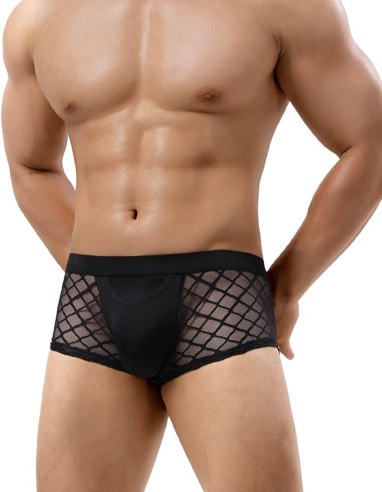 Casey Kevin Men's Underwear Sexy See Through Lace Boxer Briefs Mesh Trunks