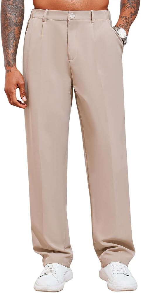 PASLTER Mens Dress Pants Pleat Front Regular Fit Work Business Chino Slacks Suit Trousers