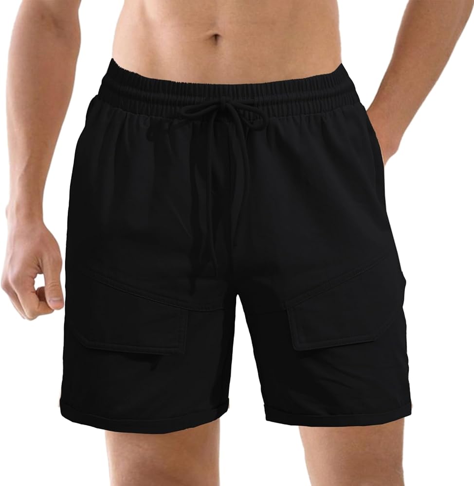 Men's 6 Inch Cargo Shorts Elastic Waist Casual Hiking Shorts Cotton Outdoor Work Shorts