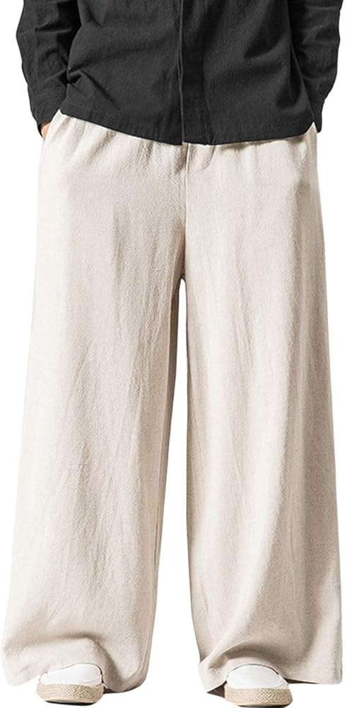 Flygo Mens Casual Cotton Linen Wide Leg Jogging Harem Pants Palazzo Trousers