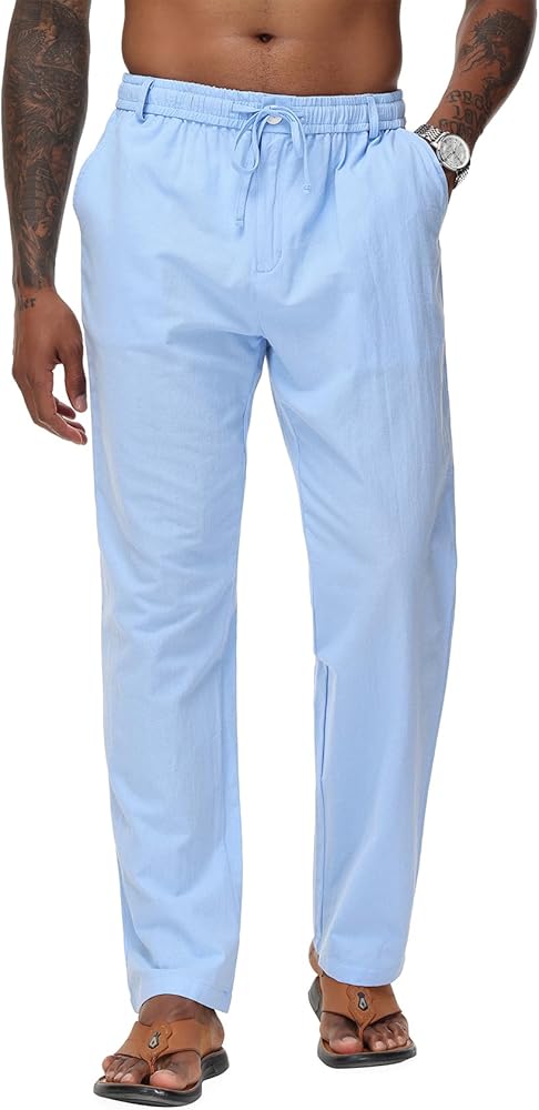 Durio Mens Casual Linen Pants Elastic Waist Lightweight Linen Beach Pants Straight Leg Casual Pants Summer Beach Yoga