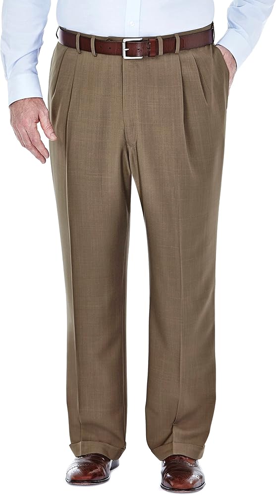 Haggar mens Big & Tall Eclo Stria Pleat-front Expandable Waist dress pants, Khaki, 60W x 30L US