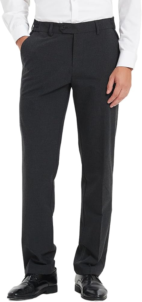 Plaid&Plain Men's Dress Pants with Elastic Waistband and Stretchy Fabric Straight Fit