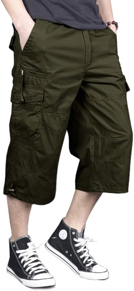 MAGNIVIT Men's Capri Long Elastic Cargo Shorts below Knee Shorts 3/4 Cotton Cargo Casual Shorts with Multi-Pockets