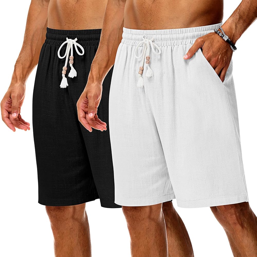 Neer 2 Pack Men's Linen Shorts, Casual Lightweight Drawstring Shorts 9 Inch Inseam Elastic Waist Short Pants with Pockets