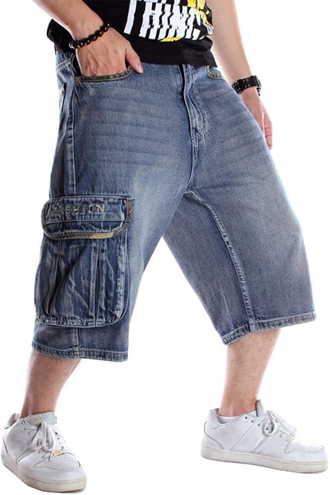 Baggy Jean Shorts for Men Casual Loose Fit Hip Hop Skateboard Denim Shorts