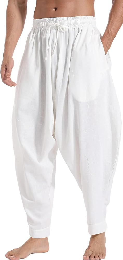 AITFINEISM Men's Drawstring Aladdin Hippie Harem Pants Loose Drop Crotch Trousers