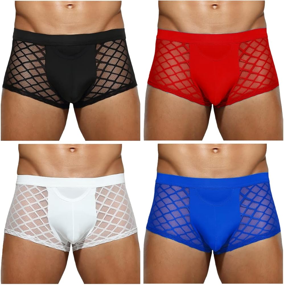 Casey Kevin Men's Underwear Sexy See Through Lace Boxer Briefs Mesh Trunks, 4 PACK-MULTICOLOR