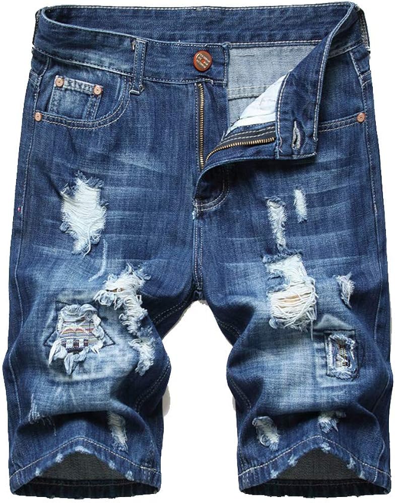 Lavnis Men's Moto Biker Jeans Shorts Ripped Distressed Denim Shorts with Broken Hole