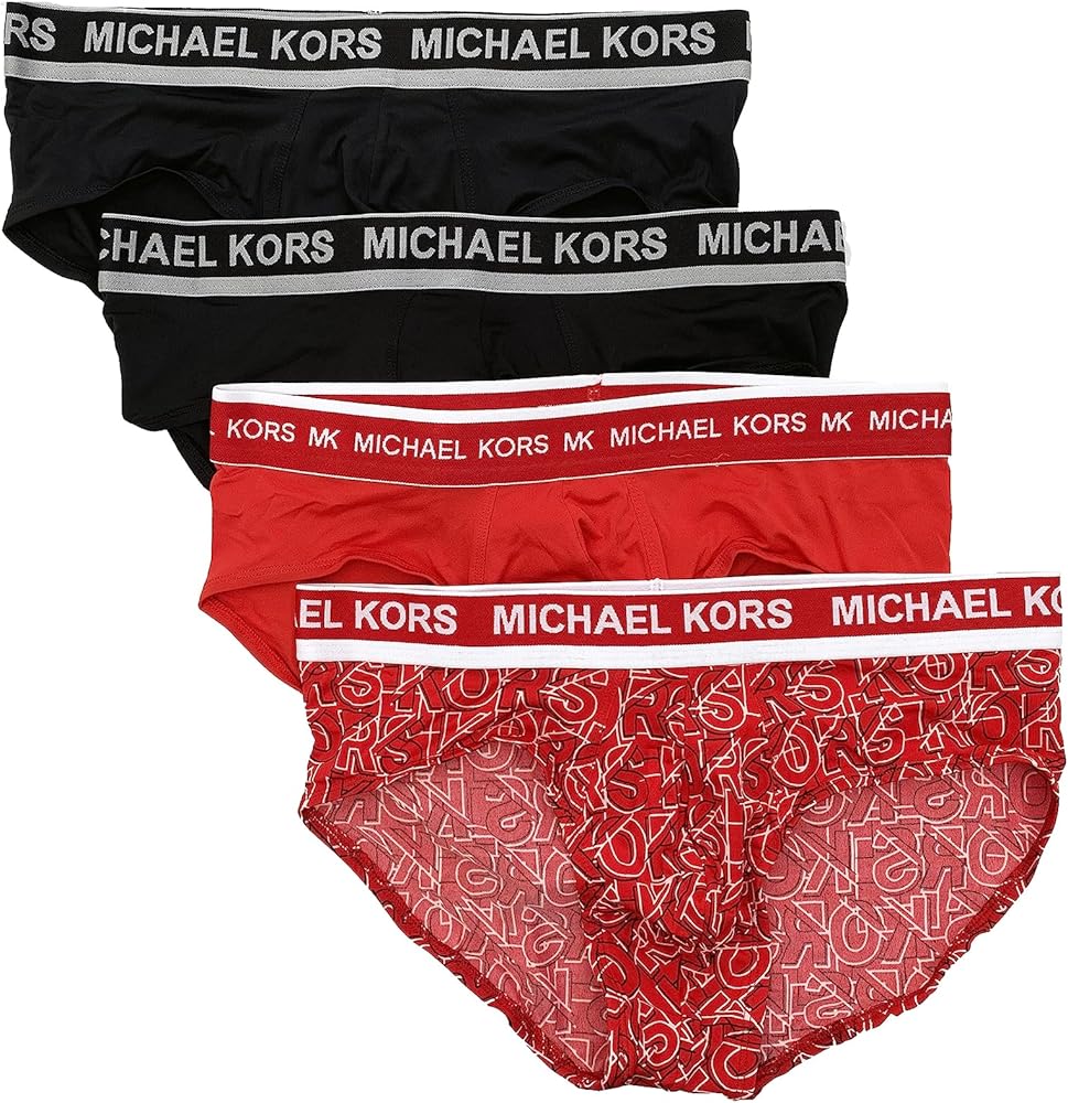 Michael Kors Men`s Performance Poly Low Rise Briefs 4 Pack (B(9F31L10954)/R_MK_Print, Medium)