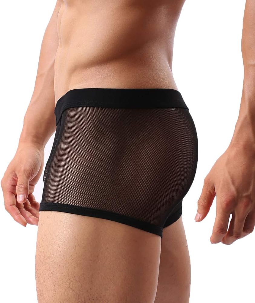 Mens Sexy Underwear Breathable Mesh Boxer Briefs See Through Hollow Lingerie