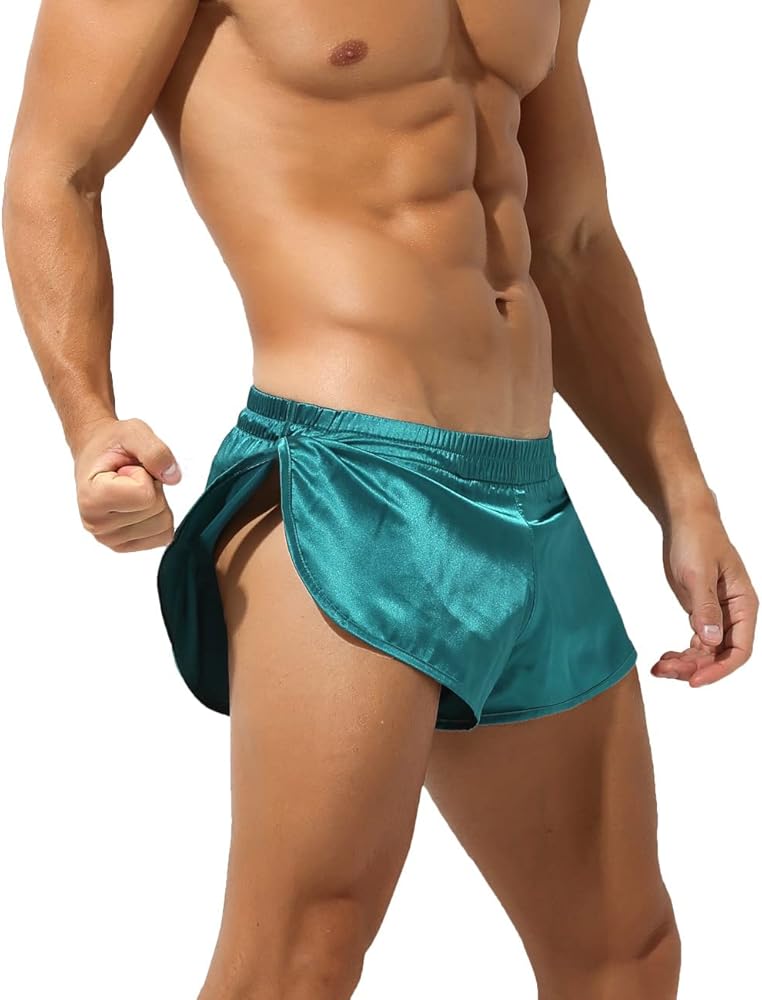 Men's Boxer Jockstrap Sexy Underwear, Silky Satin Split Side Gym Running Active Shorts